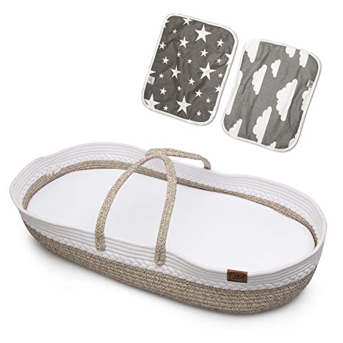 Baby Changing Basket – 100% Cotton Rope with Foam Pad – Organic Cotton Waterproof Cover – Complete with 2 Waterproof Changing Pads Liners- CPSC Safety Compliant