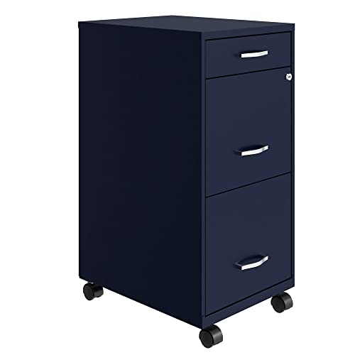 Space Solutions 18 Inch Wide Metal Mobile Organizer File Cabinet for Office Supplies & Hanging File Folders w/Pencil Drawer & 3 File Drawers, Navy