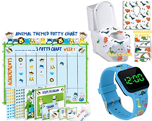 ATHENA FUTURES Potty Training Timer Watch – Dinosaur Design and Potty Training Chart for Toddlers – Fun Animal Design and Disposable Toilet Seat Covers for Toddlers – Dinosaur Pattern