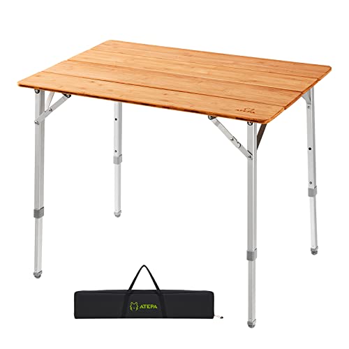 ATEPA Lightweight Compact Folding Camping Table, Protable Bamboo 4-Folding Picnic Table, Adjustable Height Aluminum Frame Camping Outdoor Tables with Carry Bag (Desktop 31.5 x 23.6 Inches)