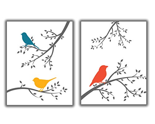 Birds on a Branch Wall Art Prints. Set of 2-11×14 UNFRAMED Modern Silhouette Nature Decor Prints. Shades of Grey, Orange, Yellow & Teal.