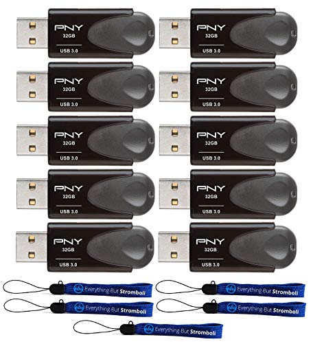 PNY 32GB USB 3.0 Flash Drive Elite Turbo Attaché 4 (Bulk 10 Pack) Works with Computer (P-FD32GTBAT4-GE) Bundle with (5) Everything But Stromboli Lanyards
