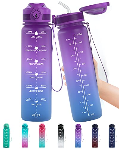 Lunidry Water Bottle with Straw & Time Marker, 32oz Motivational Water Jug BPA-Free Leakproof, to Ensure You Drink Enough Water for Outdoor, Sports, Fitness, Lockable Pop Open Lid