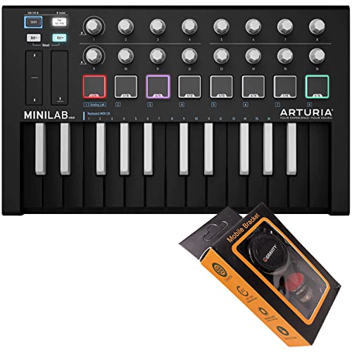Arturia MiniLab MKII Mini Hybrid Keyboard Controller Black Edition 25-Note USB Mini Keyboard Controller with 16 Encoders with Gravity Magnet Phone Holder Bundle
