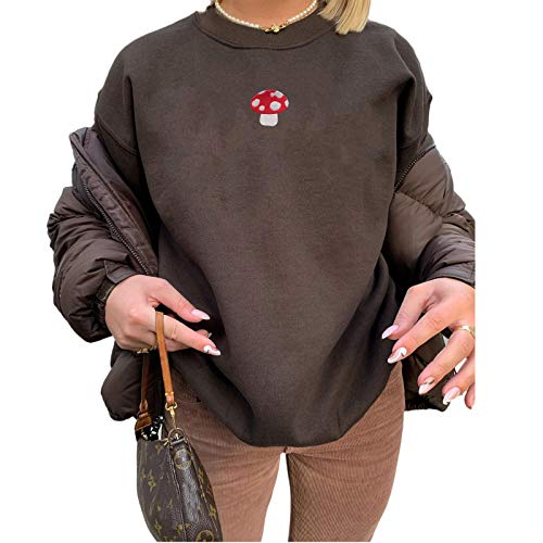 Women Long Sleeve Mushroom Embroidery Casual Oversized Crewneck Pullover Sweatshirt Tops Brown