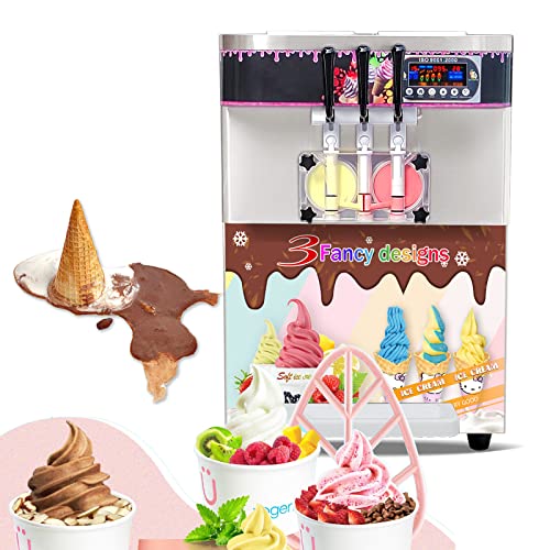 Countertop 3 Flavors Countertop Soft Ice Cream Machine, Automatic 2+1 Mixed Flavors Soft Serve Ice Cream Maker with 2x7L Hopper, 2×1.5L Cylinder Auto Washing&Counting&cooling upper tanks
