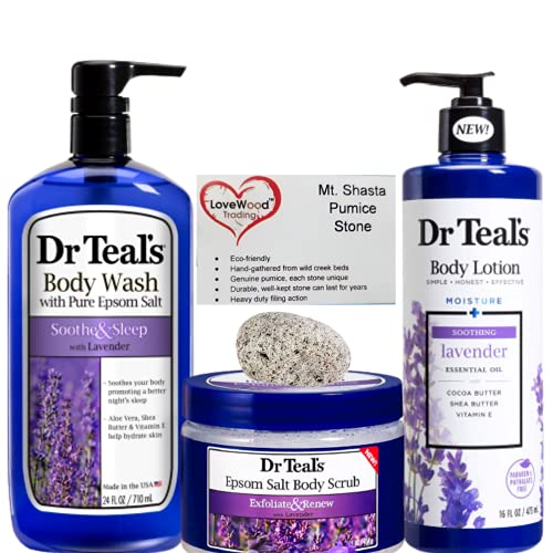 Bath & Shower Skin Care Bundle | Natural Pumice Stone Callus Remover Epsom Salt Body and Foot Therapy Care Gift Set | Body Wash, Epsom Salt Lavender Body Scrub, & Essential Oil Body Lotion