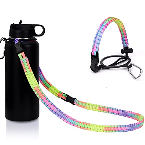 iLVANYA Paracord Handle with Shoulder Strap for Hydro Flask Wide Mouth Bottles, Paracord Strap Carrier for 12oz to 64oz Bottle, Water Bottle Accessories with Safety Ring Carabiner(Bright Rainbow)