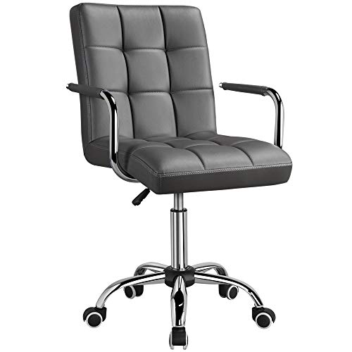Yaheetech Mid Back Desk Chair, PU Leather Office Task Chair with Armrests/Large Seat, Adjustable Chair with Wheels, Grey