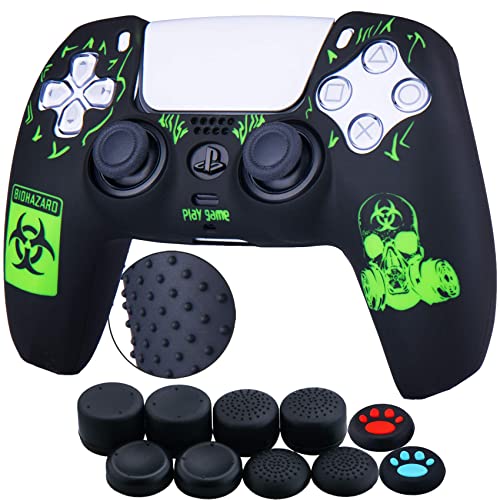 YoRHa Silicone Rubber Back Dots Carving Customizing Skin Cover for PS5 Dualsense Controller x 1(BH Green) with Pro Thumb Grips x 10