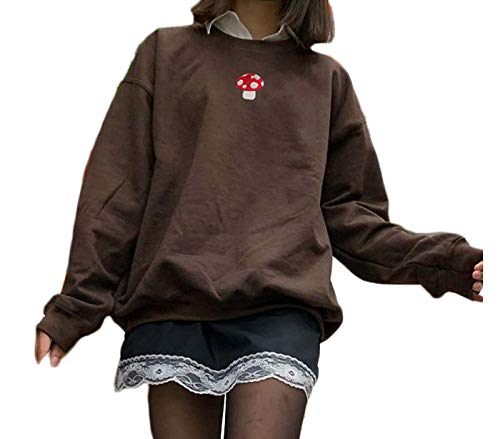 LWXQWDS Women’s Mushroom Sweatshirt Crewneck Pullover Long Sleeve Embroidery Hoodie Shirt Tops (Brown, M)