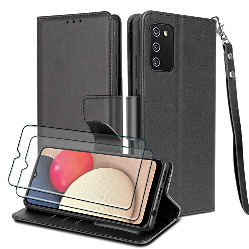 WuGlrz Case for Samsung Galaxy A02s with 2 Packs Tempered Glass Screen Protector, Luxury PU Leather Wallet Case with Card Holder Lanyard Magnetic Flip Protective Cover