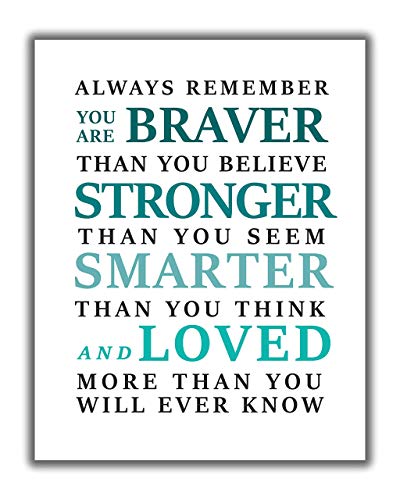 You Are Braver Wall Art Print – 11×14 UNFRAMED Winnie the Pooh Quotes Decor. A Great Inspirational Sayings Print – Shades of Grey, Teal Blue on White.