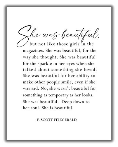 F. Scott Fitzgerald Quote Inspirational Wall Art Print – 11×14 UNFRAMED Black & White Decor. She Was Beautiful.