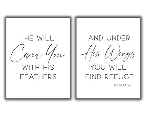 Psalm 91 Bible Verse Inspirational Wall Art – Set of 2-11×14 UNFRAMED Christian Religious Quote Decor Gift. White, Black.