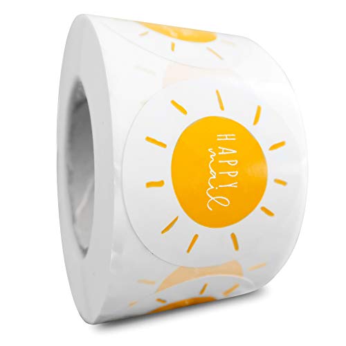 Happy Mail Stickers | Sending Sunshine Yellow Boho Stickers | Cute Packaging for Small Business | 1 Roll with 500 – Round Envelope Seals | 4 Unique Designs | Sunshine Party, Small Business Supplies