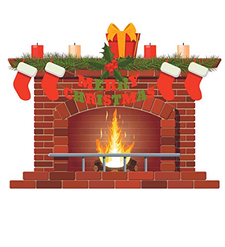Merry Christmas Fireplace Decor Design Home Art Chimney Vinyl Wall Decal | 19″ x 28″ Kids Bedroom Living Room Furnace Holiday Decoration X-mas Socks Gifts Adhesive Decoration Sticker