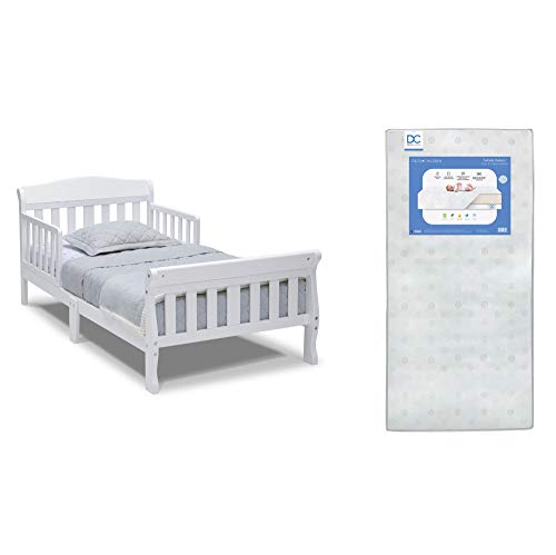 Delta Children Canton Toddler Bed, White + Delta Children Twinkle Galaxy Dual Sided Recycled Fiber Core Toddler Mattress (Bundle)