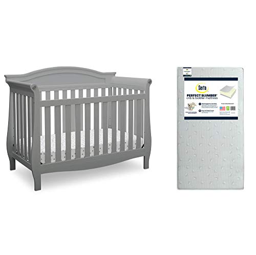 Delta Children Lancaster 4-in-1 Convertible Baby Crib, Grey + Serta Perfect Slumber Dual Sided Recycled Fiber Core Crib and Toddler Mattress (Bundle)