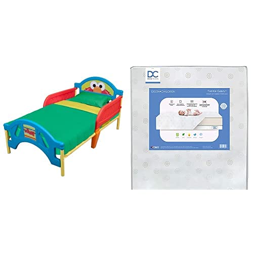 Delta Children Plastic Toddler Bed, Sesame Street + Delta Children Twinkle Galaxy Dual Sided Recycled Fiber Core Toddler Mattress (Bundle)