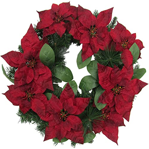 Fraser Hill Farm 24″ Christmas Wreath Door Hanging with Velvet Poinsettia Blooms and Leaves, FF024CHWR012-0RD