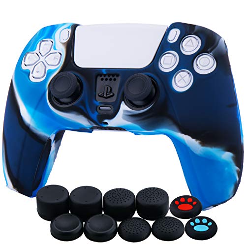 YoRHa Silicone Cover Skin Case for PS5 Dualsense Controller x 1(Camouflage Blue) with Thumb Grips x 10