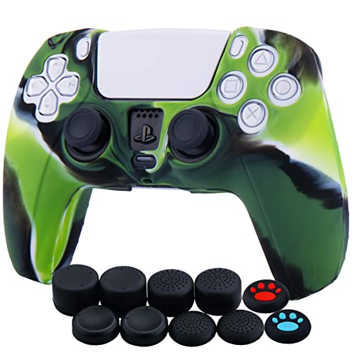 YoRHa Silicone Cover Skin Case for PS5 Dualsense Controller x 1(Camouflage Green) with Thumb Grips x 10