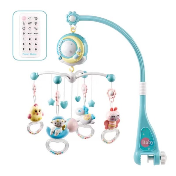 Baby Music Crib Movement, Projection Function and Night Light, Hanging Removable Teether Rattle and 150 Melody Music Box with Remote Control, Newborn Toy for 0-24 Months (Blue)