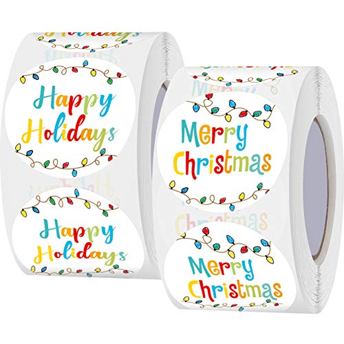 1000 Pieces 1.5 Inch Merry Christmas Stickers Holiday String of Lights Happy Holidays Stickers Happy New Year Stickers Labels Xmas Stickers for Christmas Party Presents Classroom Decoration