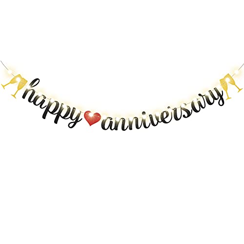 Happy Anniversary Banner with String Light 8 Flicker Mode, Gold and Black Glitter Sign Banner, Anniversary Hanging Sign Garland for Anniversary Wedding Party Ceremony Decoration