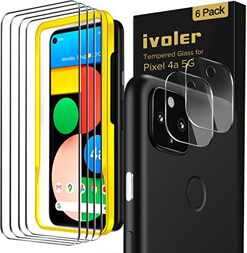 ivoler [6 Pack] [4 Pack] Tempered Glass Screen Protector for Google Pixel 4a 5G with [2Pack] Camera Lens Protector with [Alignment Frame Easy Installation],HD Clear Anti-Scratch Film,6.2 inch