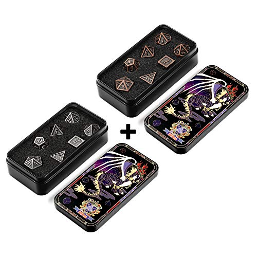 DNDND Metal D&D Dice Sets with Gift Metal Case for DND Dungeons and Dragons and Table Games (2 Pack Silver and Copper)