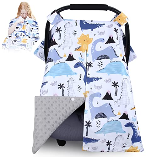 Dinosaur Car Seat Cover for Boys Girls, Rquite Minky Infant Carseat Canopy with Peekaboo Opening, Warm Winter Baby Carrier Covers Nursing Cover