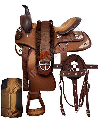 HB. Enterprises Synthetic Western Adult Barrel Racing Horse Saddle Tack, Get Matching Girth, Headstall, Breast Collar, Reins & Saddle Pad, Size 15″ Inches Seat