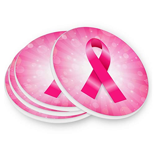 Breast Cancer Pink Ribbons Set of 4, Heat-Resistant Washable Coaster Round Absorbent Ceramic Layer Cup Mat Pad Coasters Suitable for Kinds of Mugs Drinks
