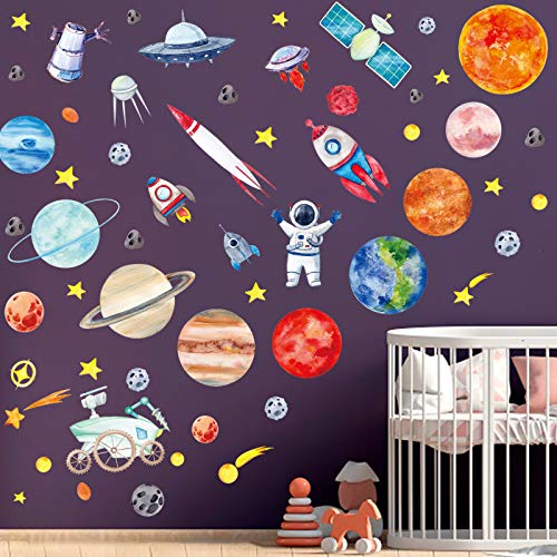 Space Wall Decals,Space Wall Stickers Planets Astronaut Rocket Spacecraft Alien Galaxy Wall Decals Solar System Stickers Outer Space Room Decor for Kids Boys Girls Toddler Nursery Bedroom Decor