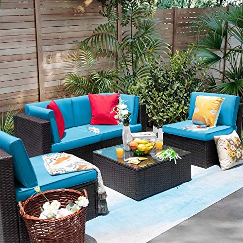 Furniwell 5 Pieces Patio Furniture Sectional Set Outdoor Wicker Rattan Sofa Set Backyard Couch Conversation Sets with Pillow Cushions and Glass Table (Blue)