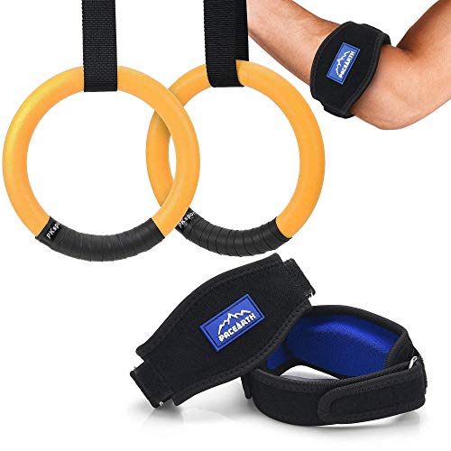 PACEARTH Gymnastic Rings 1100lbs Capacity with 14.76ft Adjustable Buckle Straps Pull Up & Gymnastics Rings Elbow Brace for Home Gym Full Body Workout