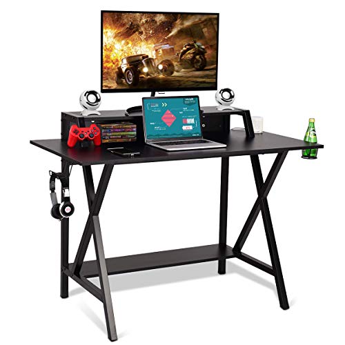 WATERJOY 48-inch Game Desk, E-Sport Gaming Workstation Table with Headset Hook, Cup Holder, Built-in Power Strip Black