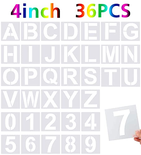 36 Pcs Large Alphabet Letter Stencils and Number Stencils,Reusable Letter Stencils for Painting on Wood Wall Fabric Rock Chalkboard Glass (4 Inches)