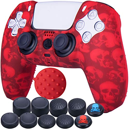 9CDeer 1 Piece of Silicone Transfer Print Protective Cover Skin + 10 Thumb Grips for Playstation 5 / PS5 / Dualsense Controller Skull Red