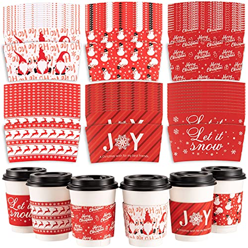 Whaline Christmas Coffee Tea Cup Sleeves 30 Pack Disposable Cardboard Sleeves Double-Layer Paper Sleeves Fit 12 and 16oz Paper Cup for Hot Drinks Cold Beverage Cafe Shop Office, 6 Design