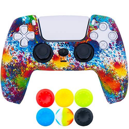 9CDeer 1 Piece of Silicone Transfer Print Protective Thick Cover Skin + 6 Thumb Grips for Playstation 5 / PS5 / Dualsense Controller Paints