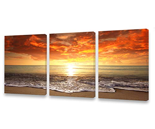 S0146 3 Pieces Canvas Prints Wall Art Sunset Ocean Beach Pictures Photo Paintings for Living Room Bedroom Home Decorations Stretched and Framed Seascape Waves Landscape Giclee Artwork 16x24inch x3pcs