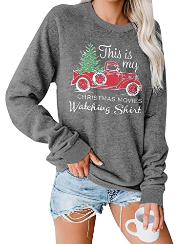 FASHGL Christmas Movies Watching Sweatshirt Women Funny Christmas Tree Truck Graphic Pullover Lightweight Blouse (Grey, S)