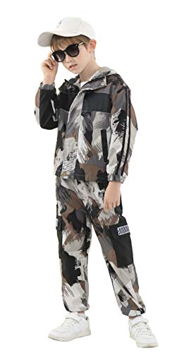 Rolanko Boys Lightweight Hooded Jacket and Jogger Pant Clothing Set Boys’ 2 Pieces Camo Outfit Long Sleeve Tracksuit (Brown, 6-7)