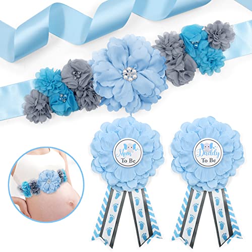 Blue Elephant Maternity Sash Mom to Be & Daddy to Be Corsage Set Blue and Gray Flower Belly Belt Blue Belly Sash Corsage Blue Little Peanut Theme Baby Shower Maternity Photography Keepsake