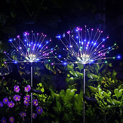 SUNJOYCO Garden Solar Firework Lights 2 Pack, 150 LED Decorative Waterproof Starburst Light, Copper Wire Sparkler Landscape Stake Light for Christmas, Patio, Pathway, Lawn, Party Decor, Multi-Color