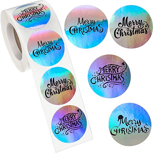 500 Pieces Christmas Envelope Seals Labels Merry Christmas Stickers Roll Adhesive Xmas Seals Stickers Round Shape Adhesive Holographic Stickers Round Christmas Tags for Postcards Envelopes Boxes