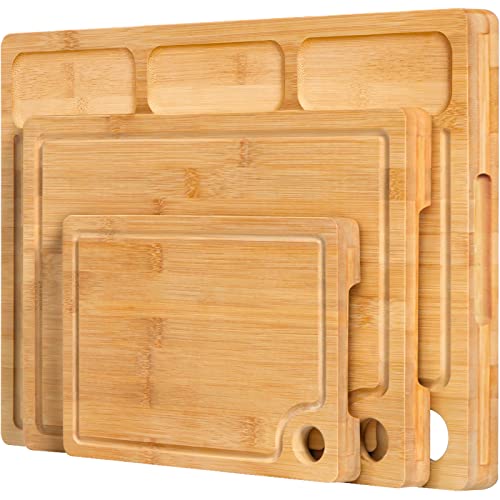 Bamboo Cutting Boards for Kitchen, (Set of 3) Kitchen Chopping Board with 3 Built-In Compartments and Juice Groove Heavy Duty Serving Tray Wood Butcher Block and Wooden Carving Board with Hole